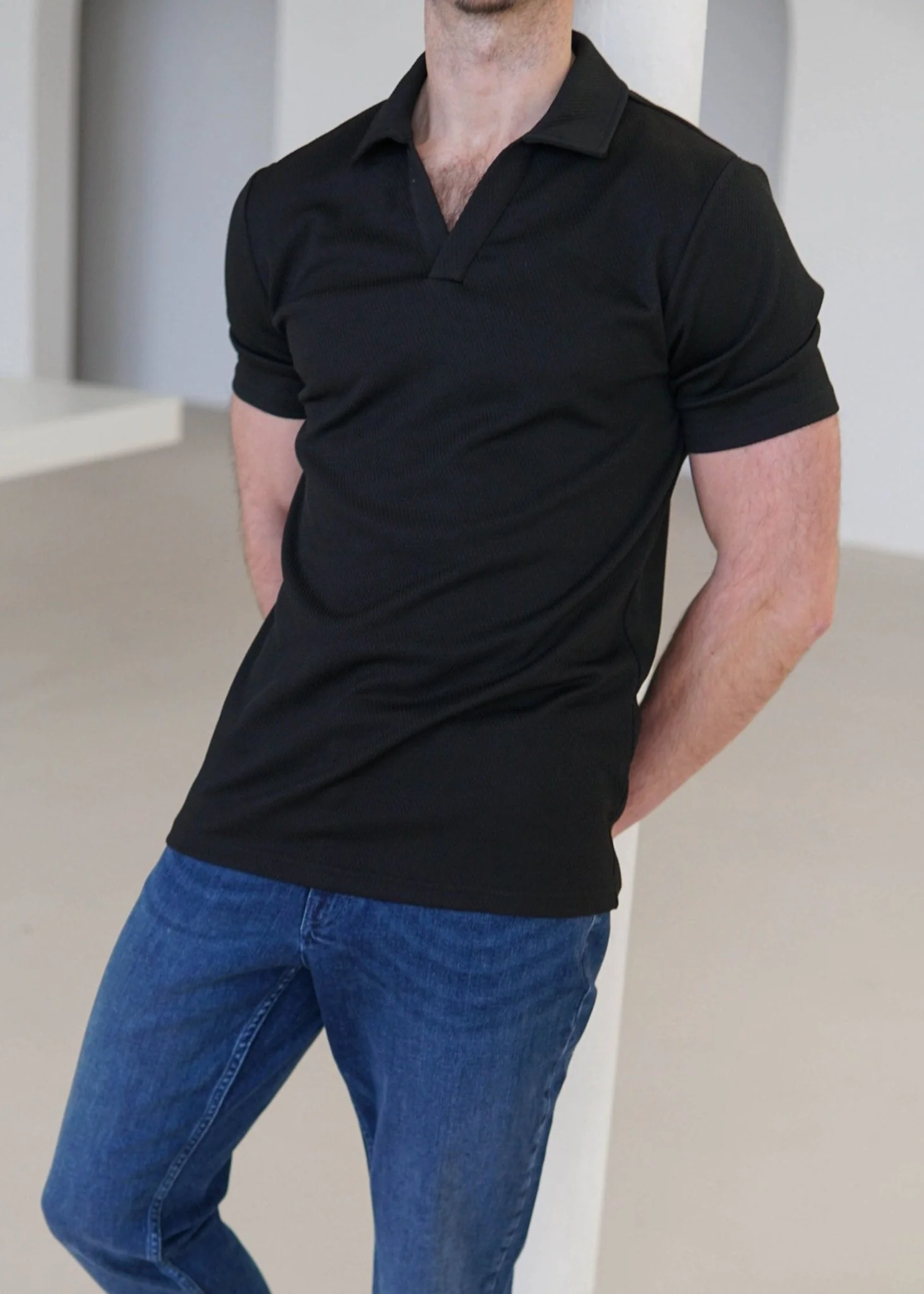 Luxe Open Collar Polo Shirt In Black - Image 3