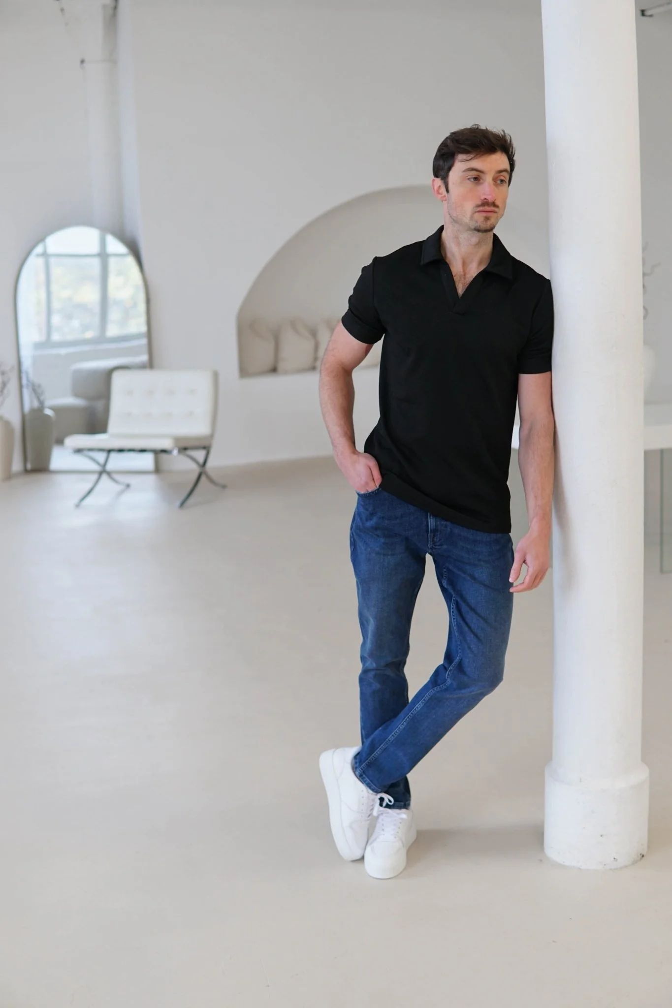 Luxe Open Collar Polo Shirt In Black - Image 4