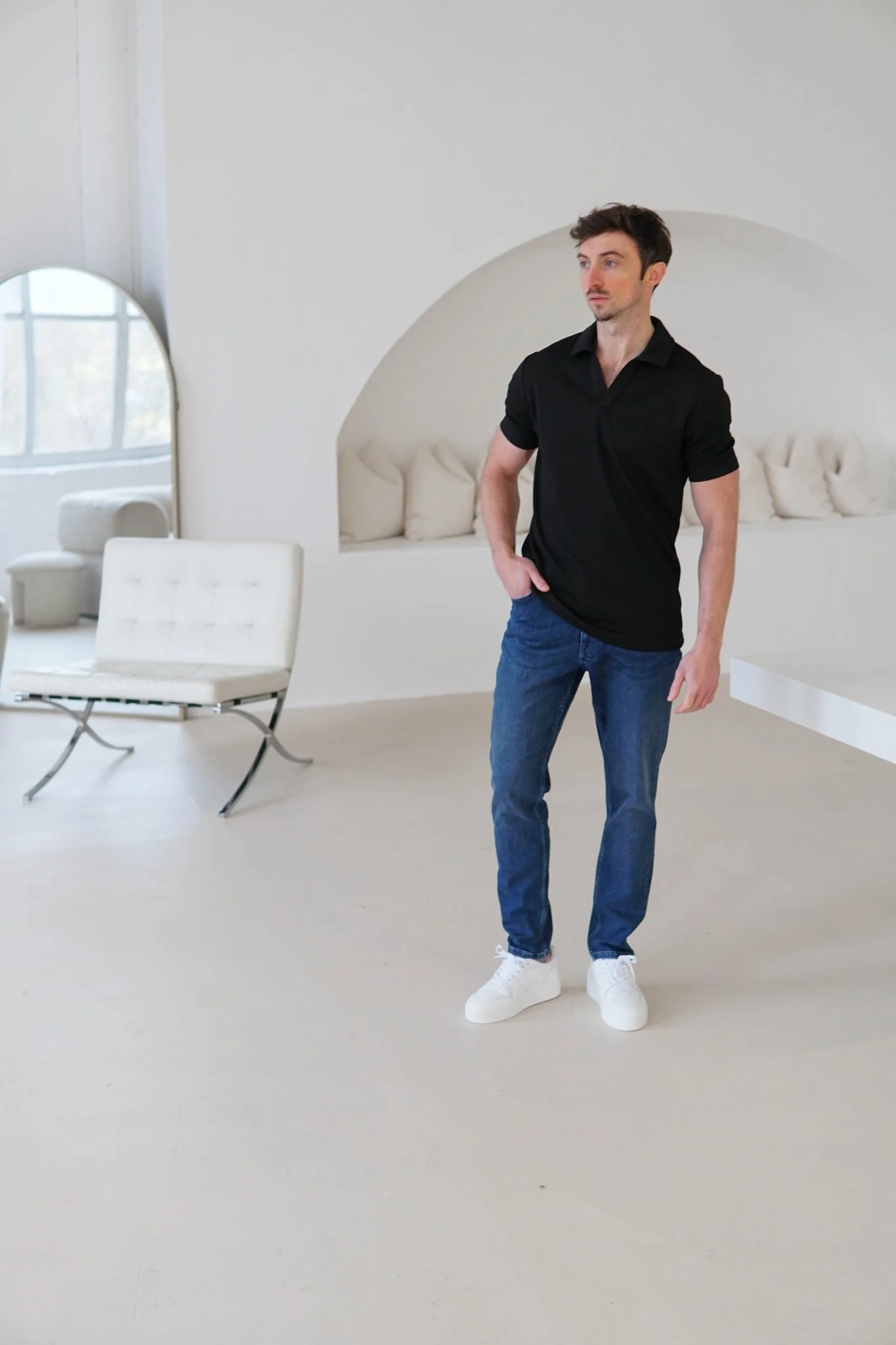 Luxe Open Collar Polo Shirt In Black - Image 5