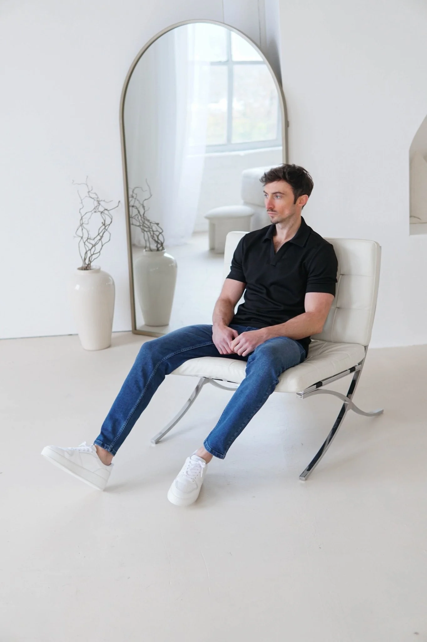 Luxe Open Collar Polo Shirt In Black - Image 6