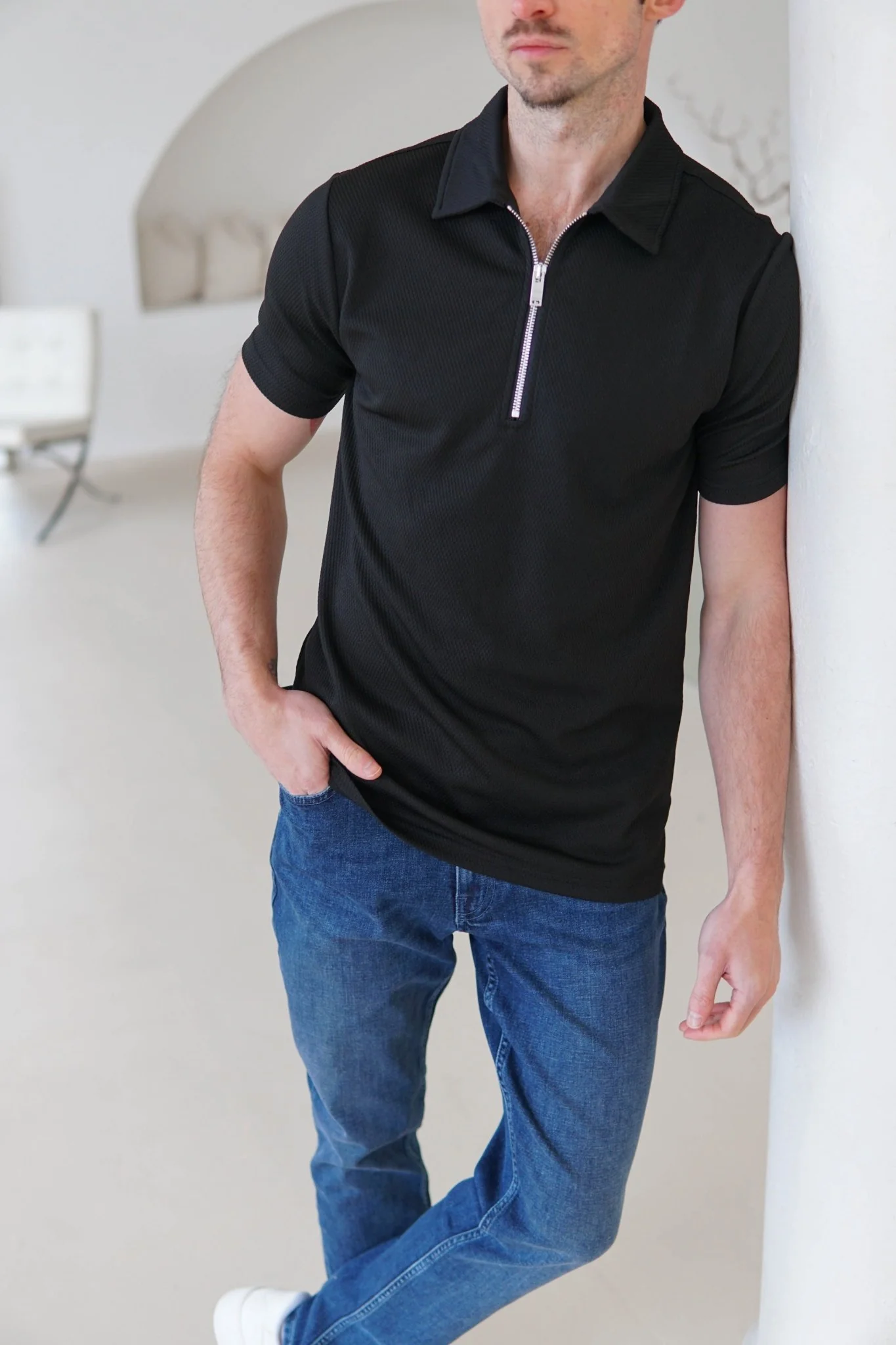 Luxe Zip Polo Shirt In Black - Image 3
