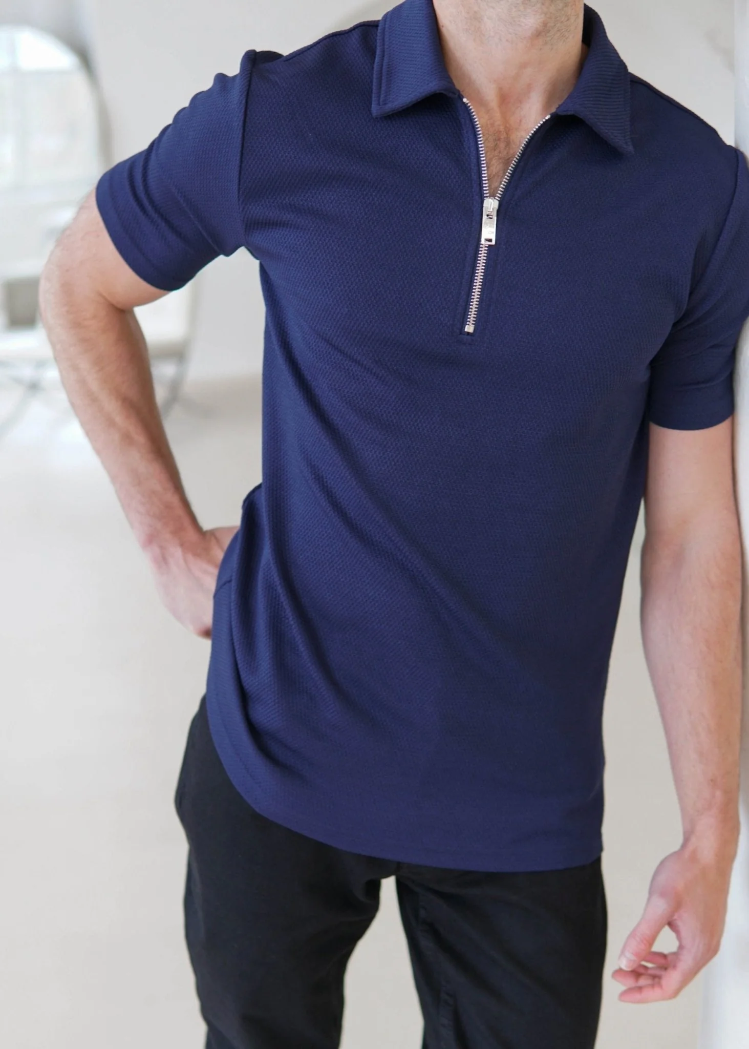 Luxe Zip Polo Shirt In Navy - Image 3