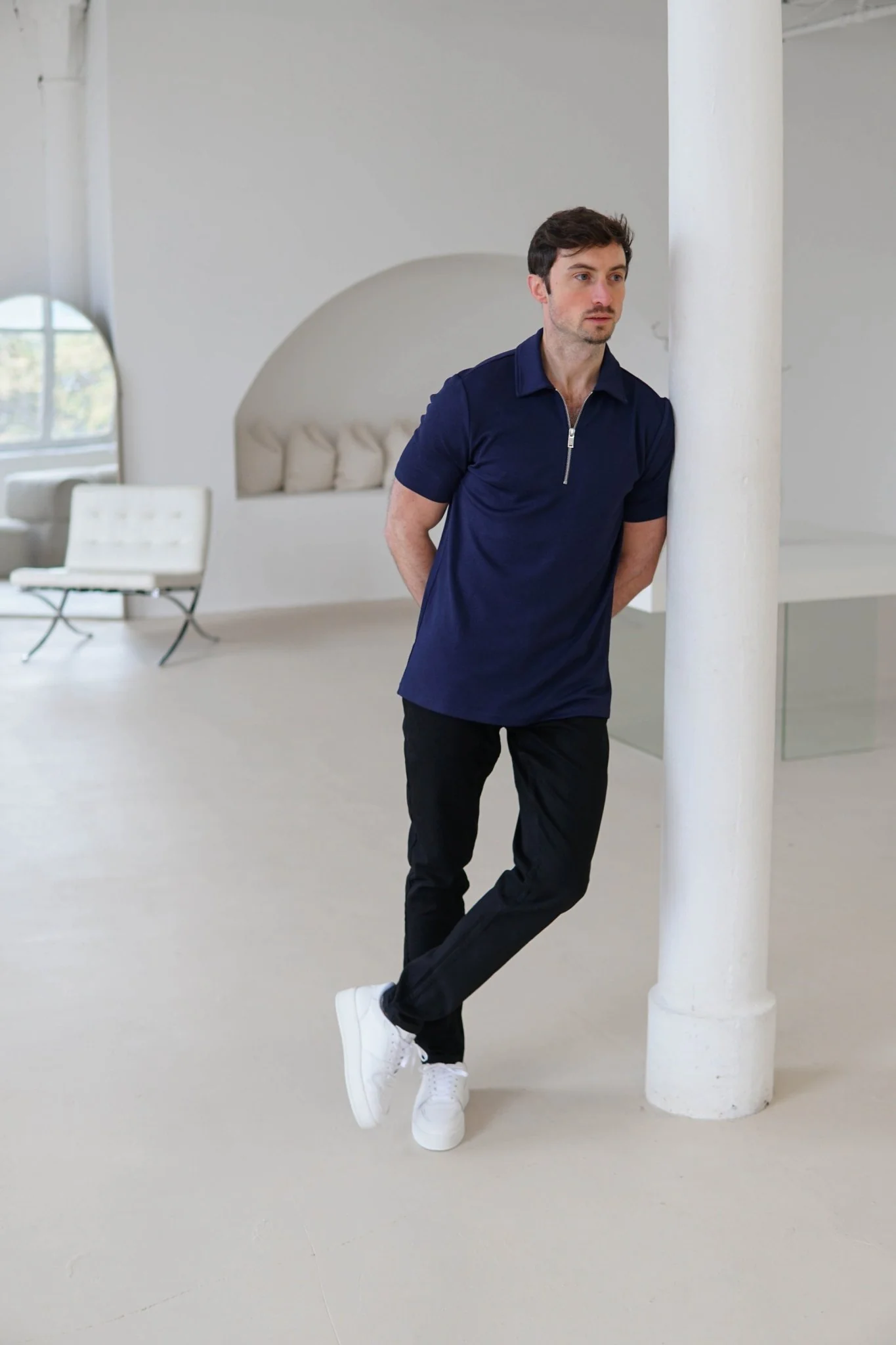 Luxe Zip Polo Shirt In Navy - Image 5