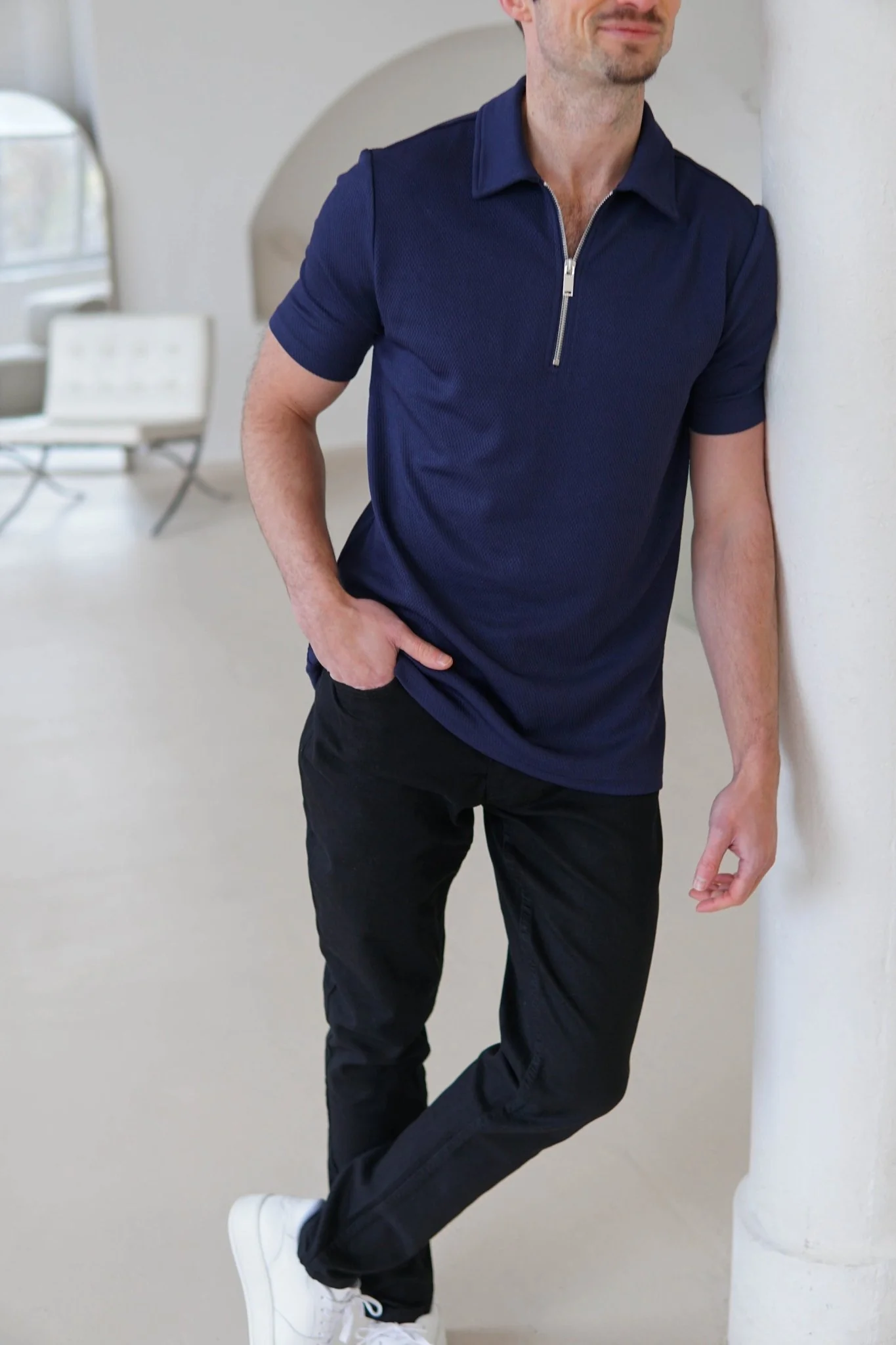 Luxe Zip Polo Shirt In Navy - Image 6