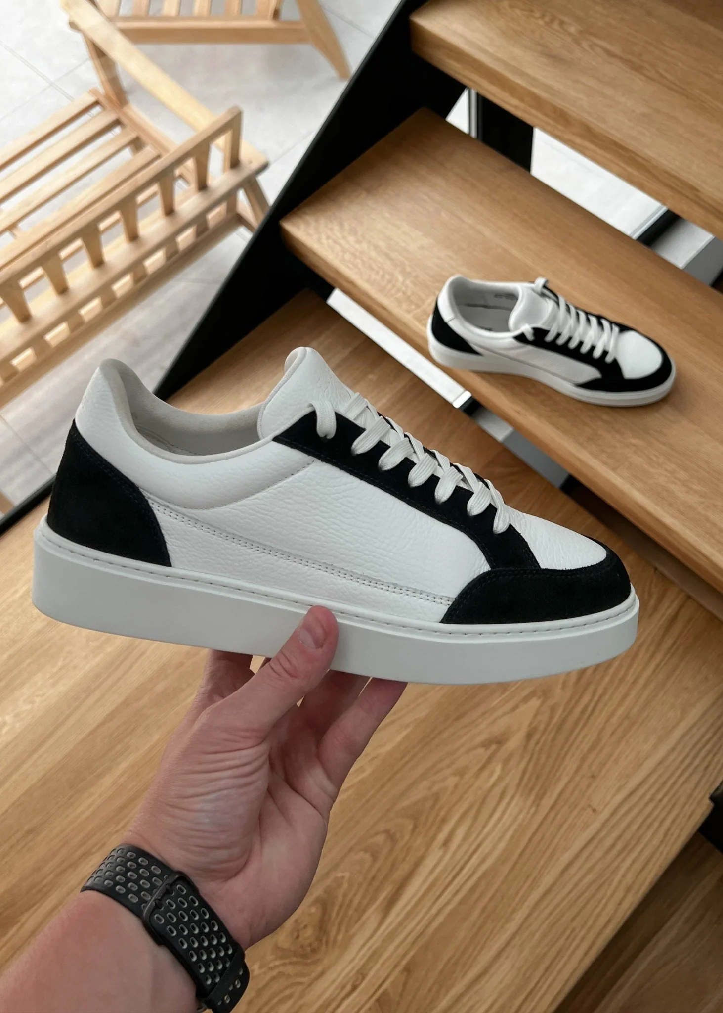 Premium Leather Trainer In White/Black Suede - Image 12