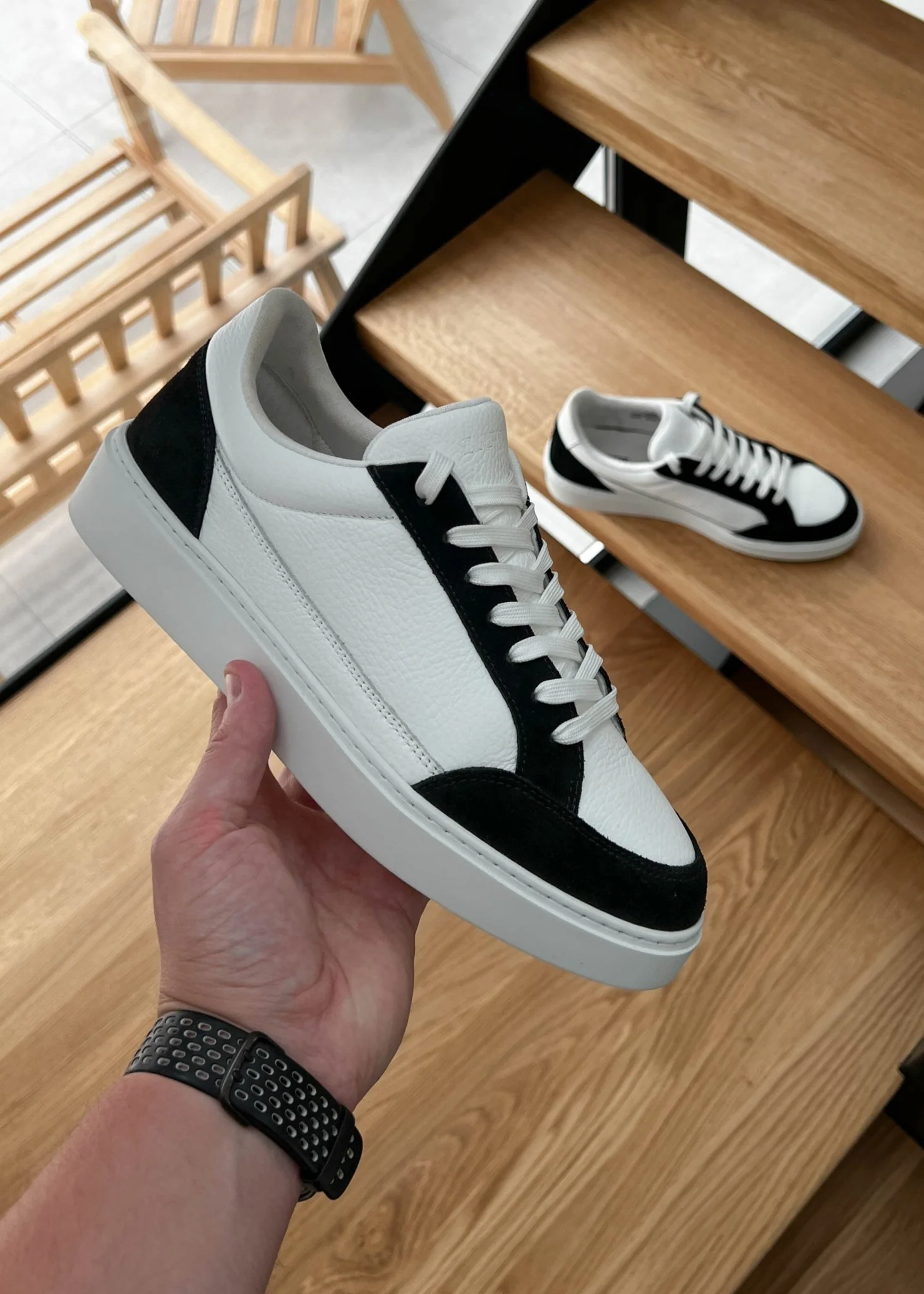 Premium Leather Trainer In White/Black Suede - Image 5