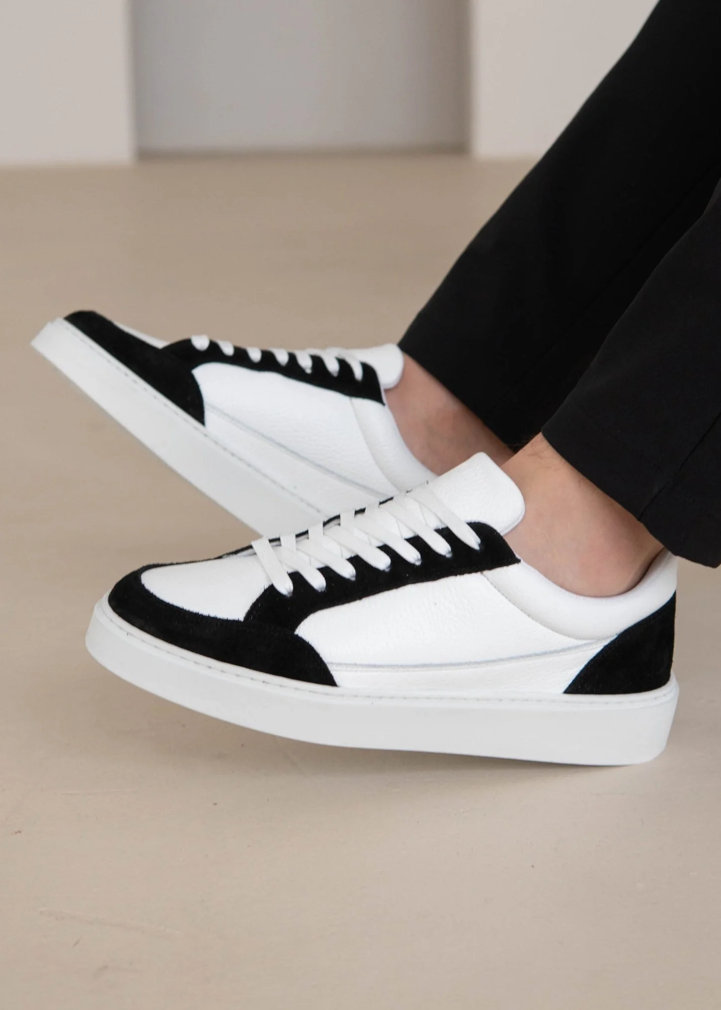 Premium Leather Trainer In White/Black Suede - Image 6