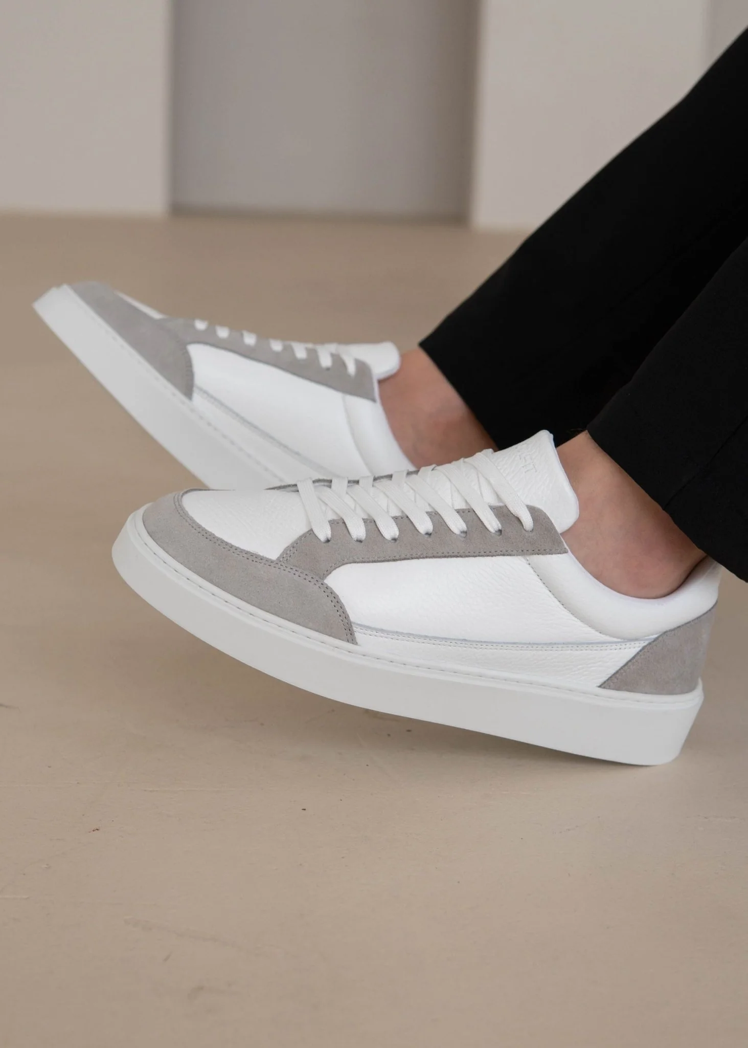 Premium Leather Trainer In White/Grey - Image 4