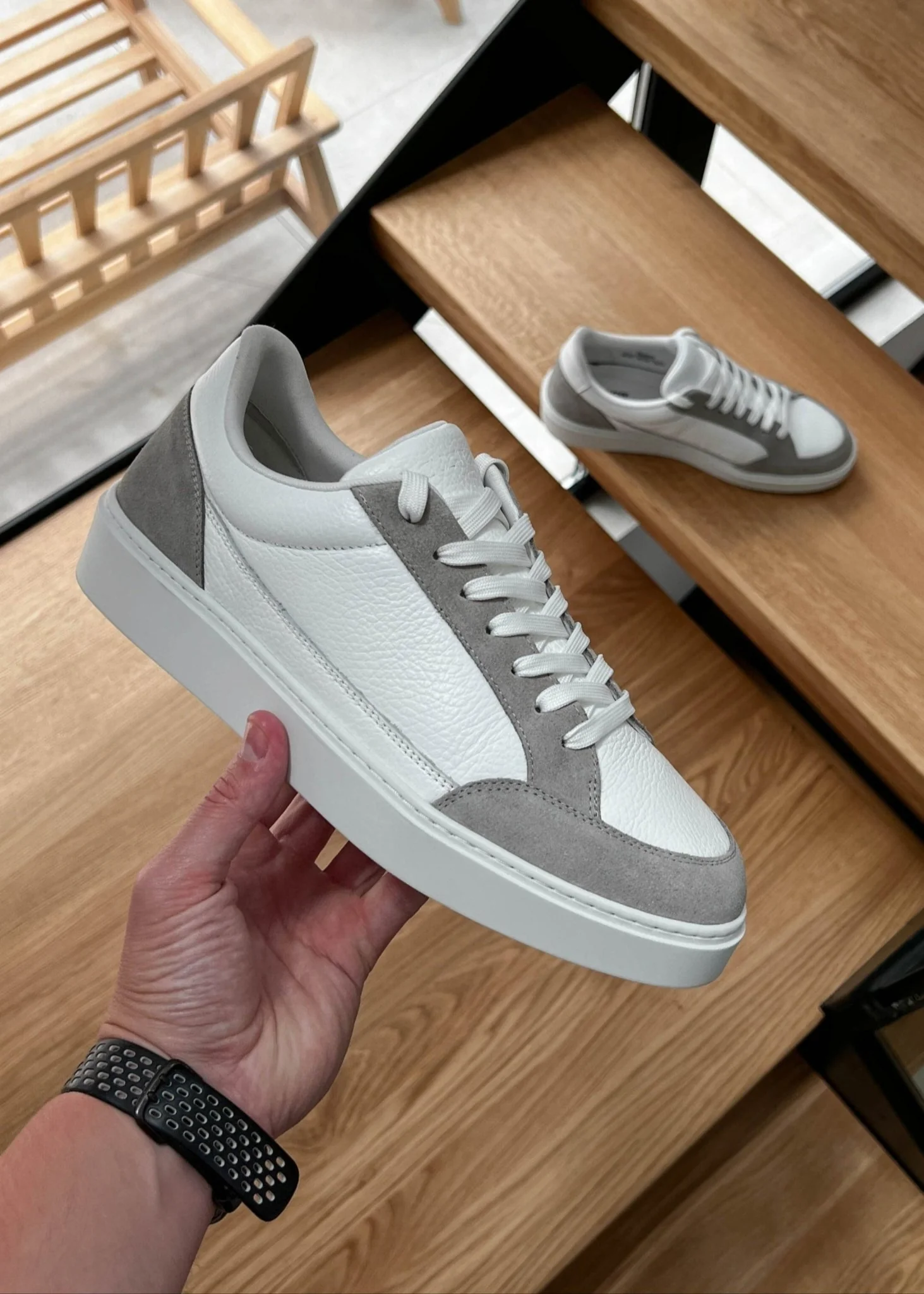 Premium Leather Trainer In White/Grey - Image 5
